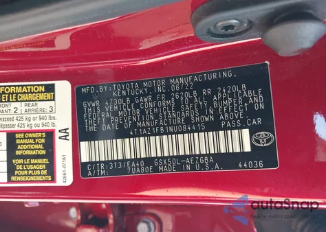 2022 Toyota Avalon Xle from USA, damaged, VIN 4T1AZ1FB1NU084415